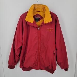 Coleman Outdoors Jacket Red Yellow Nylon Shell Fleece Lined Pockets Vintage Flaw